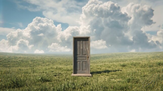 A solitary wooden door stands open in the vast expanse of a green field, under a sky filled with dramatic clouds, inviting viewers to imagine what lies beyond.