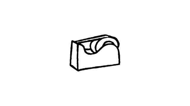 Hand drawn 4K tape dispenser doodle animation with boiling line effect. Frame by frame outline on black and green screen backgrounds, perfect for office tape, desk supply, sticky tape tool.