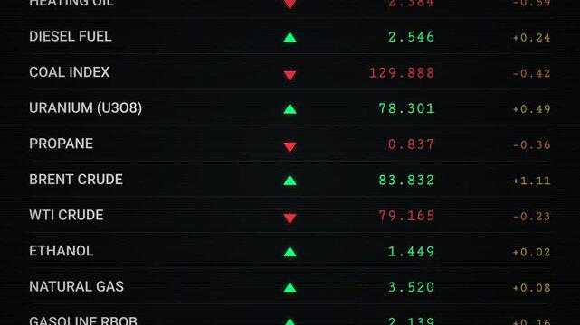 Animated digital energy commodities market ticker board scrolling with green and red arrows and numbers on a black background, Modern dark mode corporate financial trading concept