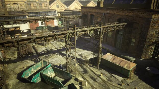 Overhead gantry above sunlit green canopies, shaded pathways between corrugated stalls, stacks of crates and scattered signage creating market atmosphere