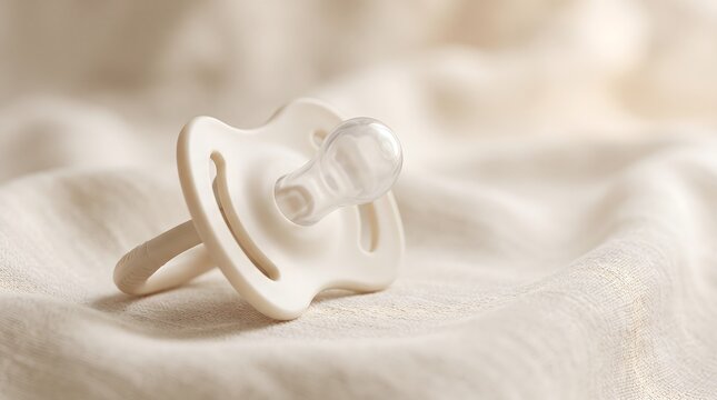 Neutral Toned Silicone Baby Pacifier Resting on Soft Cream Linen Blanket Background