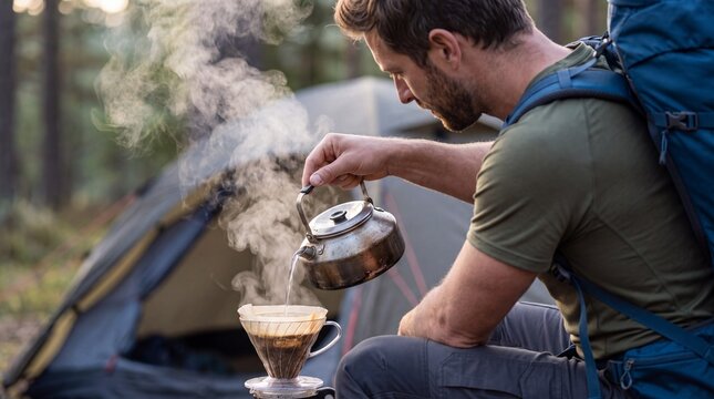 Man enjoying hot cup of coffee while camping, steam rising from freshly brewed beverage. Serenity and satisfaction are palpable