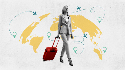 Obraz premium Traveling to new places with luggage and a map of the world showing different flight routes and destinations