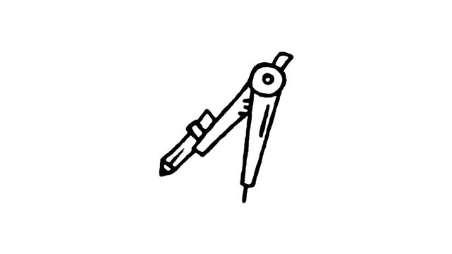 Hand drawn 4K drafting compass doodle animation with boiling line motion. Frame by frame outline on black and green screen backgrounds, perfect for math geometry, drawing tool, architect tool.