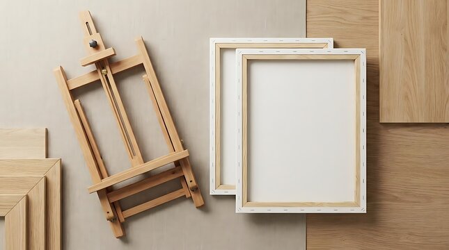 Professional wooden tripod easel standing next to blank white canvases on a light wood grain floor for an art studio easle class prompt engineer scene.