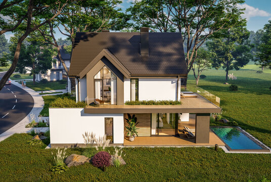 3d rendering of contemporary architectural luxury house exterior. Modern Scandinavian style family home with a white plaster walls, dark roof, and beautiful garden on a bright sunny day