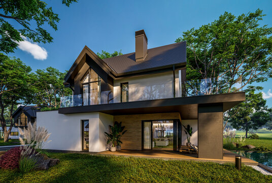 3d rendering of contemporary architectural luxury house exterior. Modern Scandinavian style family home with a white plaster walls, dark roof, and beautiful garden on a bright sunny day