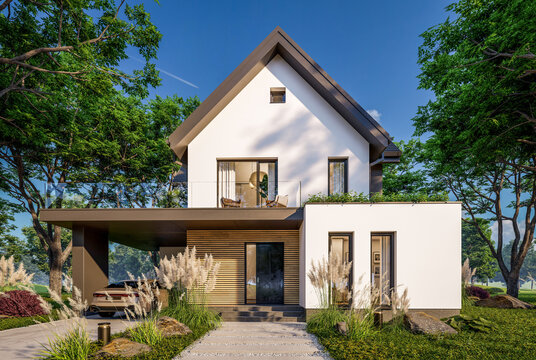 3d rendering of contemporary architectural luxury house exterior. Modern Scandinavian style family home with a white plaster walls, dark roof, and beautiful garden on a bright sunny day