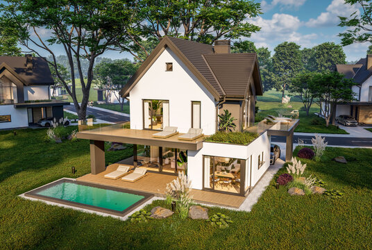 3d rendering of contemporary architectural luxury house exterior. Modern Scandinavian style family home with a white plaster walls, dark roof, and beautiful garden on a bright sunny day