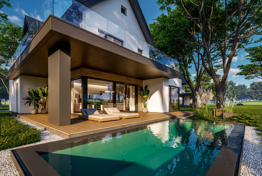 3d rendering of contemporary architectural luxury house exterior. Modern Scandinavian style family home with a white plaster walls, dark roof, and beautiful garden on a bright sunny day