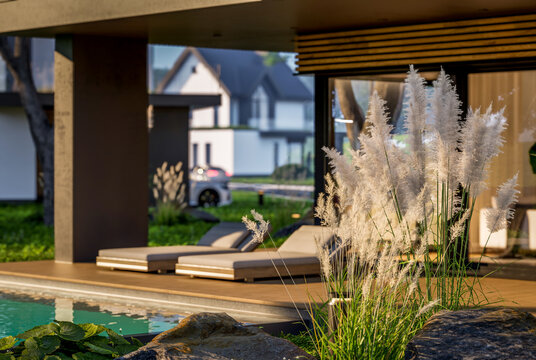 3d rendering of contemporary architectural luxury house exterior. Modern Scandinavian style family home with a white plaster walls, dark roof, and beautiful garden on a bright sunny day