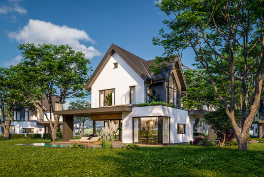 3d rendering of contemporary architectural luxury house exterior. Modern Scandinavian style family home with a white plaster walls, dark roof, and beautiful garden on a bright sunny day