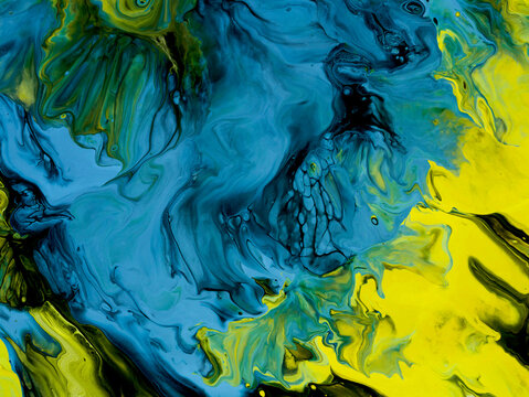 Abstract blue and yellow creative hand painted background, marble texture, abstract ocean
