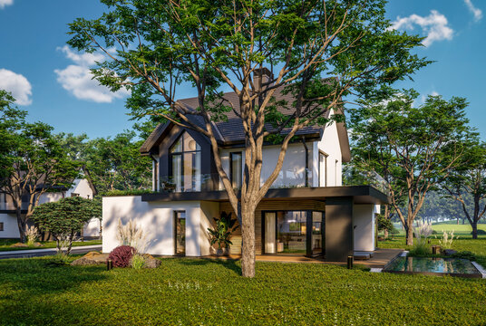 3d rendering of contemporary architectural luxury house exterior. Modern Scandinavian style family home with a white plaster walls, dark roof, and beautiful garden on a bright sunny day