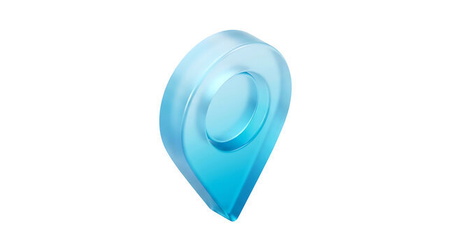 Blue glass location pin PNG with 3D glossy texture, frosted map pointer icon isolated on transparent background for navigation UI design