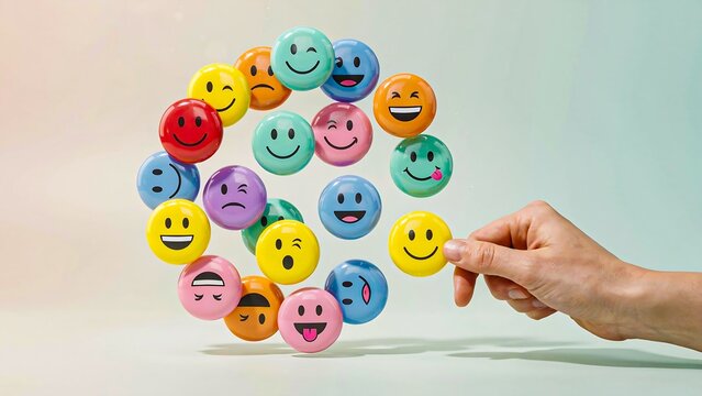 Colorful smiley face symbols arranged in a circle with a hand holding one on a light background