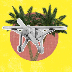 Obraz premium Travel to tropical destinations with an airplane and palm trees in the background during sunny weather