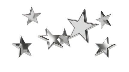 Fototapeta premium 3D silver stars PNG with glossy metallic texture, floating five-point stars isolated on transparent background for celebration graphic design