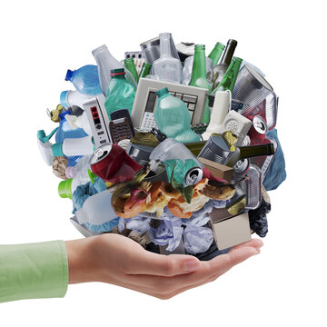 Human Hand Holding Globe Made of Mixed Waste Representing Global Environmental Responsibility Concept
