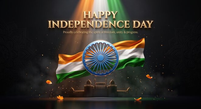 Happy independence day greeting card featuring the indian flag, a blue ashoka chakra wheel, and a silhouette of the red fort against a dark background, with orange, white, and green light rays