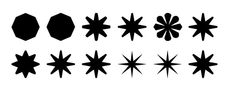 Geometric polygon and star shapes collection set black vector icons for technical design usage.