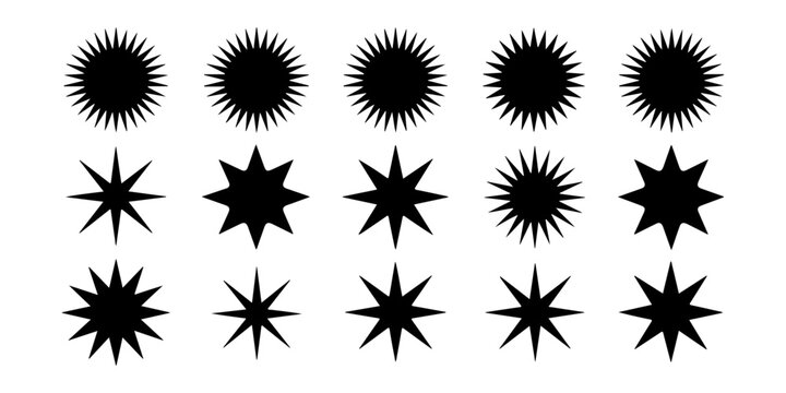 Fifteen diverse black star shapes and circular elements for modern graphic design.