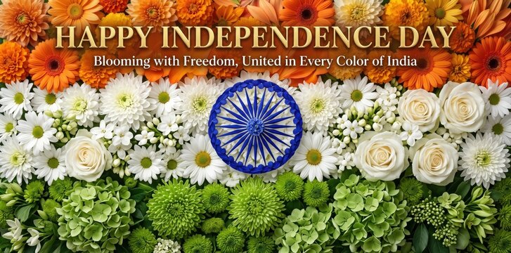Happy independence day greeting with saffron, white, and green flowers arranged in the indian flag tricolor pattern featuring a blue ashoka chakra wheel