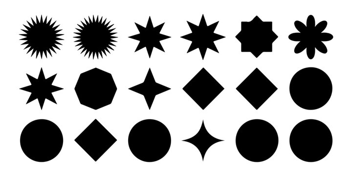Minimalist black starburst sticker collection contains geometric retro shapes for modern designs.