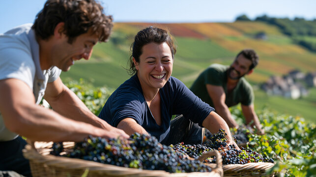 Happy friends working together during the Fete des Vendanges harvest celebration in the sunny countryside vineyard picking fresh grapes for wine