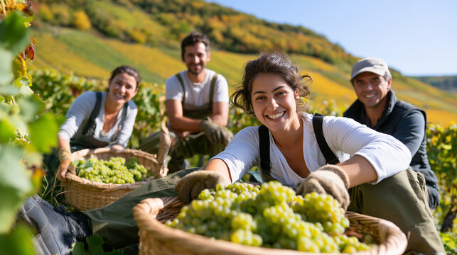 Happy diverse team of vintners celebrating Fete des Vendanges while harvesting fresh organic white grapes in a scenic sunny vineyard field