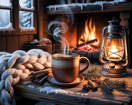 Cozy winter scene with a steaming cup of coffee next to a warm fireplace and lantern