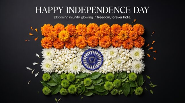 Indian flag composition made of orange marigolds, white jasmine flowers, and green leaves with a blue ashoka chakra wheel on a black background, for independence day celebration