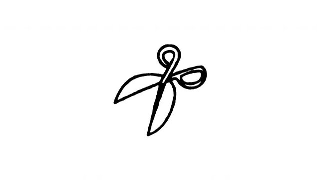 Animated 4K office scissors doodle icon with line boil action. Hand drawn line art on black and green screen backgrounds for cutting tool, paper shears, craft scissors, school stationery.