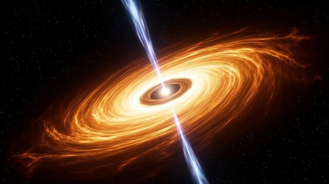 Cinematic rotating quasar with glowing accretion disk and powerful relativistic jet in deep space, perfect for astronomy and science concepts.