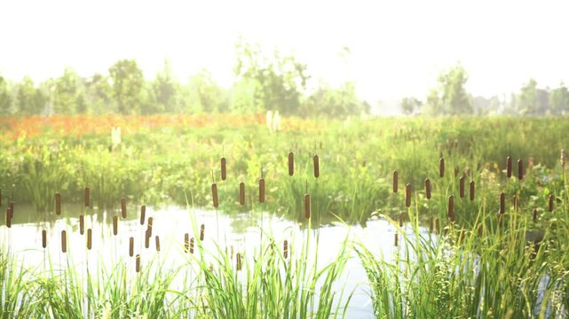 Bright sunlit marsh with shimmering water and reeds, highkey exposure, warm tones, distant grasses, sparkling highlights, lively insect activity