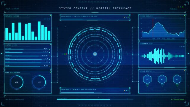 Futuristic HUD System Console Digital Interface with Glowing Data Charts