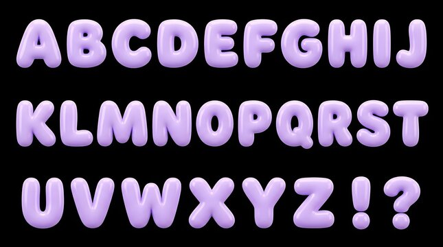 A complete set of english alphabet letters and punctuation marks rendered in a soft fluffy light purple texture on a black background