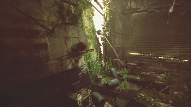 Abandoned gym corridor flooded with sunlight, cascading vines and moss reclaiming cracked concrete walls and tiled floor shafts of warm light reveal dust motes,