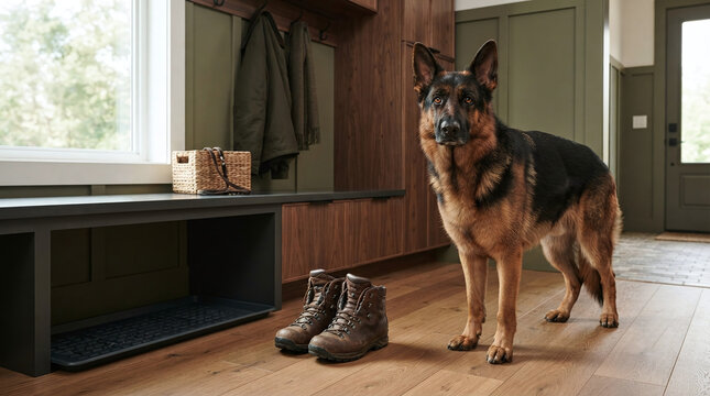 Majestic German Shepherd guard dog standing alertly on a wooden floor inside a modern hallway mudroom entry next to winter leather boots