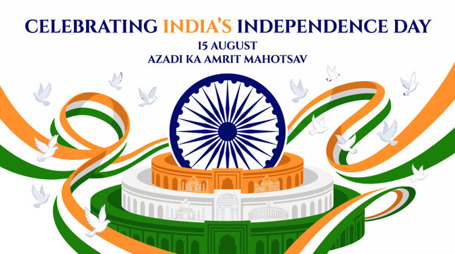 Indian independence day vector illustration featuring the iconic Ashoka chakra wheel alongside elegant tricolor ribbon swirls and soaring white doves set against a clean minimalist background 