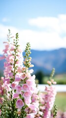 Obraz premium Beautiful pink foxglove flowers in focus with a blurred mountain backdrop and blue sky