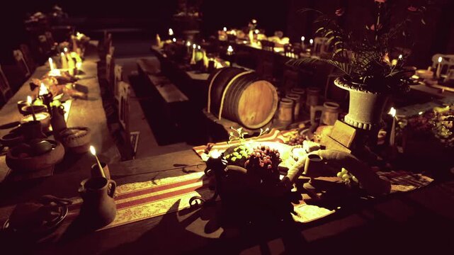 Candlelit medieval feast table with barrels, handcarved benches and braided runners, overflowing fruit bowls and dramatic shadows for theatrical historic vibe.