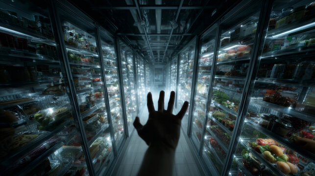 Human hand reaching toward illuminated refrigerator aisle in dark modern supermarket interior