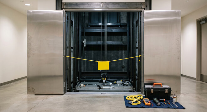 Wide open elevator entrance with exposed shaft components, safety barrier, tool case and maintenance equipment in a clean lobby