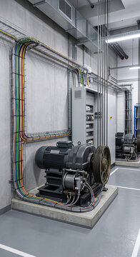 Vertical elevator drive motor and traction assembly mounted on a concrete base with organized power cables and control boxes