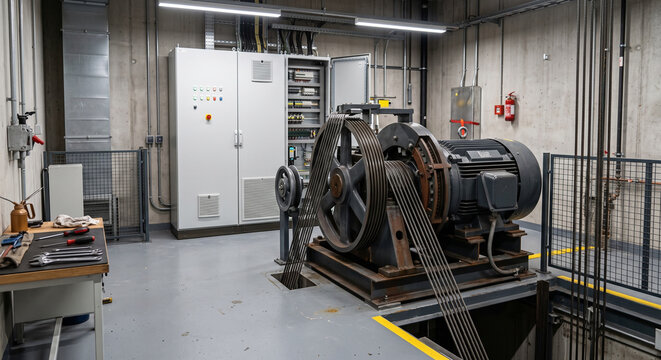 Wide elevator traction machine with large sheave, steel ropes, electric motor and control cabinets inside a clean equipment room