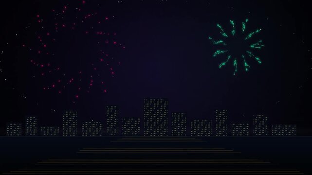 Colorful digital fireworks exploding over city skyline at night