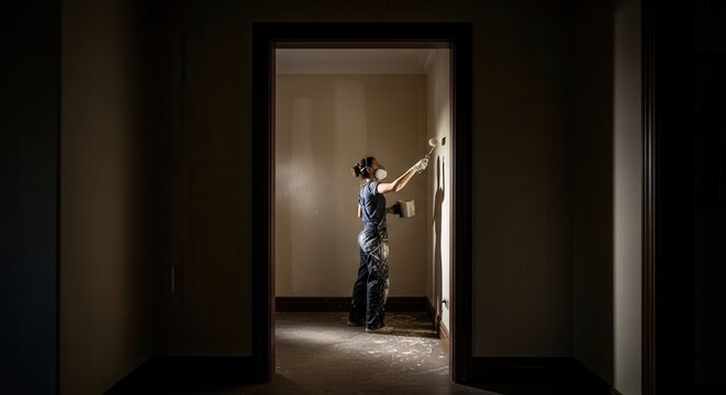 Woman Painting Interior Wall With Roller In Dramatic Lighting