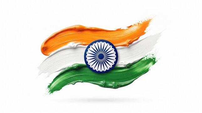 Indian flag brush stroke illustration, artistic tricolor paint splash with Ashoka Chakra, patriotic India national symbol on white background