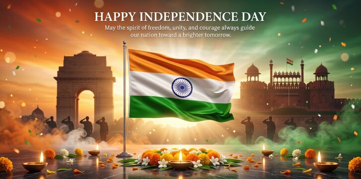 Waving indian flag with india gate and red fort silhouettes, marigold flowers, and lit diya oil lamps for independence day celebration